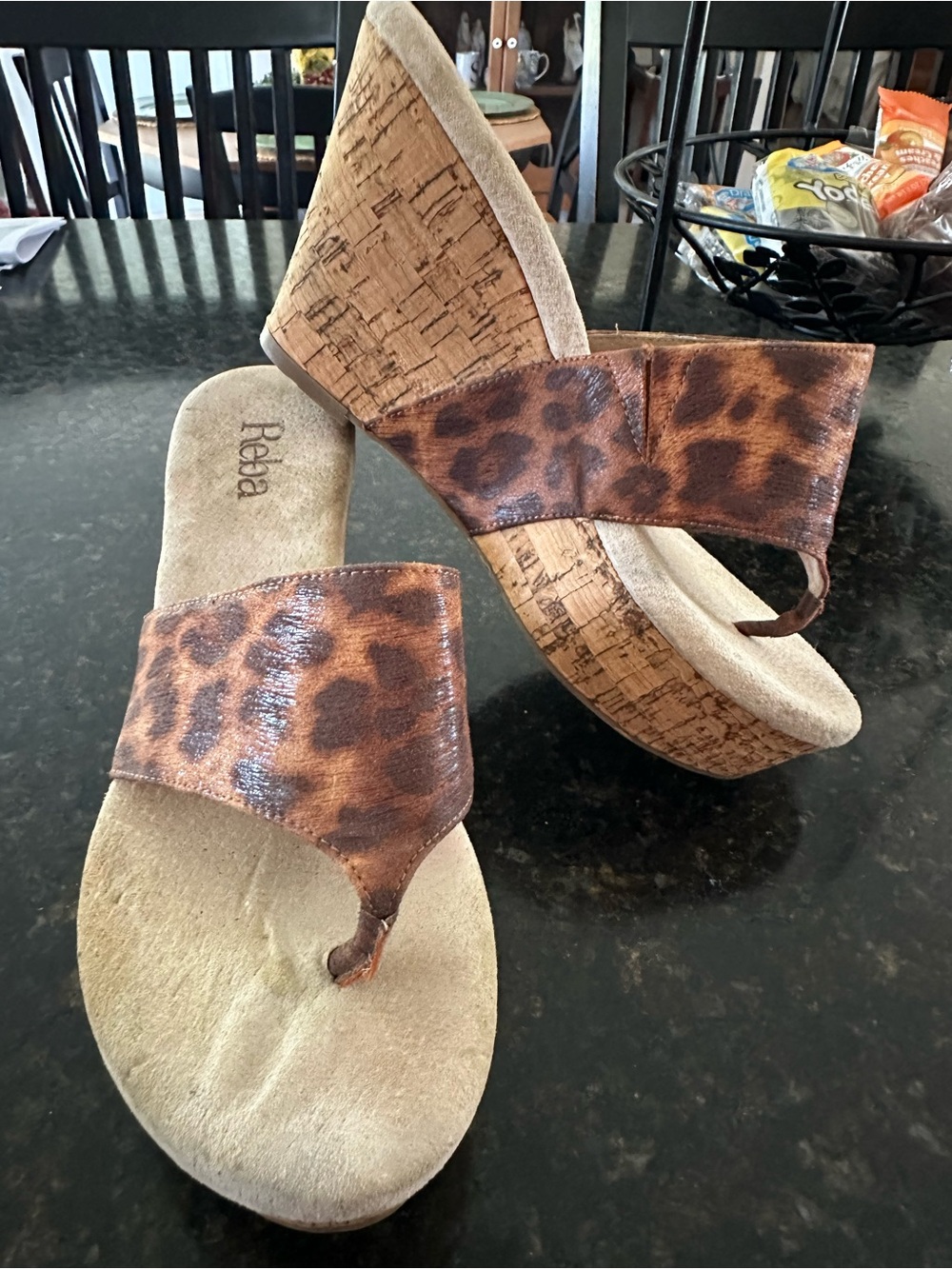 Reba Leopard-Print Cork Wedge Thong Sandals in Brown